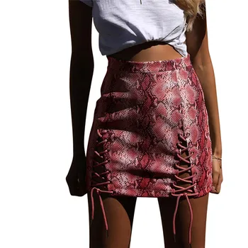 

Vintage hot sale women bandage bodycon mini skirts Sexy summer Zipper High waist Snake skin animal print Club short clothes 2019