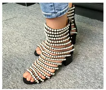 Pearls Open Toe Roman Sandals Zipper High-top Catwalk Shoes Model Shoes Summer Black Party Sandal Chunky Heels Sandals girls roman sandals for kids princess shoes summer fashion high heels soft leather children open toe sandal dress wedding party