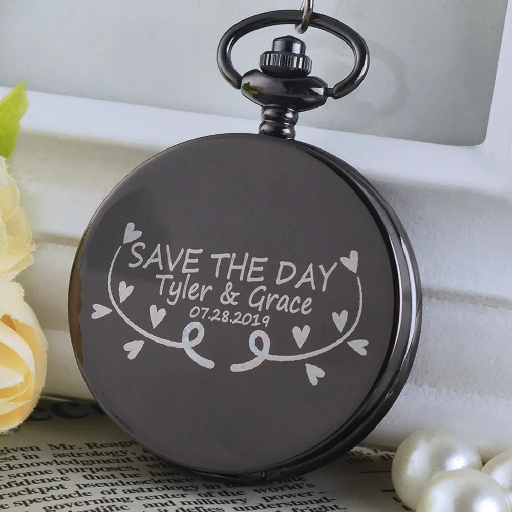

Personlised Unique Retro Black Wedding Anniversary Design Necklace Pendant Quartz Pocket Watch With Chain Mens Womens Gifts