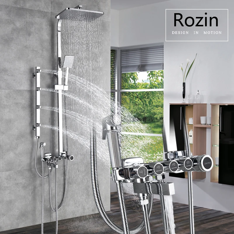 Thermostatic Shower Faucet Rainfall With Massage Body System Jets Mixer Chrome 