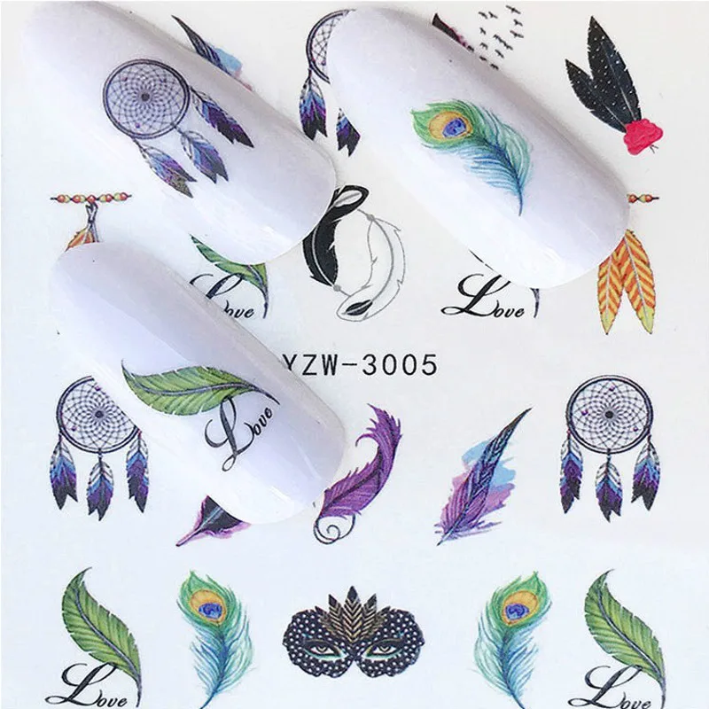 

2Sheets Dream Feather Nail Stickers Charms Nail Art Water Decals 3d Peacock Transfer Stamping Decor Purple Nailart Supplies New