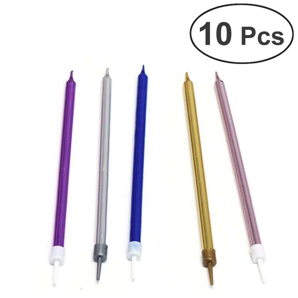 

10 Pcs Party Long Thin Cake Candle Pencil Shaped Electroplate Candle for Birthday Wedding (Mixed Color)