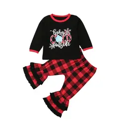 Рождественские красивые комплекты одежды для маленьких девочек 2 предмета, пуловер с длинными рукавами и буквенным принтом Топ + клетчатые