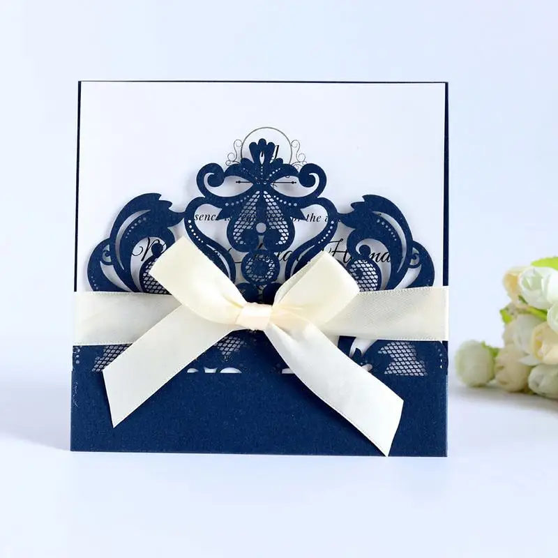  AUGKUN 10pcs/set European Style Lace Wedding Invitations Cards Blue Color Laser Greeting Card Weddi - 33003034119