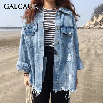 

GALCAUR Korean Denim Coat For Women Lapel Long Sleeve Button Irregular Ripped Hole Jacket Female Summer 2020 Fashion Clothes