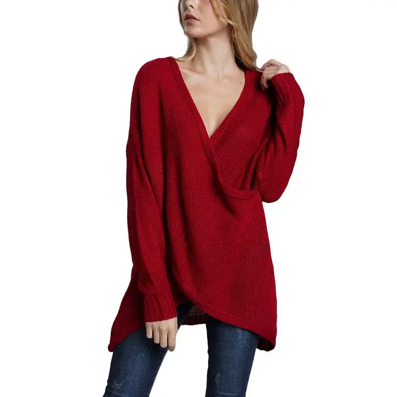  Women's Casual Knitted Sweater Solid Color Loose Long Sleeves V-Neck Pullover Asymmetric Long-Sleeved Sweater All-matching Tops