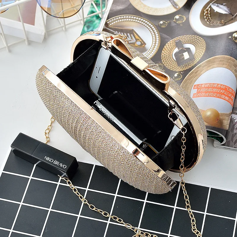 Bolso de mano de noche dorado para mujer bolsos de mano brillantes para boda bolso de hombro con lazo de Metal para novia