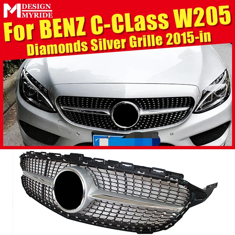 Подходит для W205 Diamond Grills Grill ABS Silver без знака c-класс спортивный C180 C200 C250 C300 C350