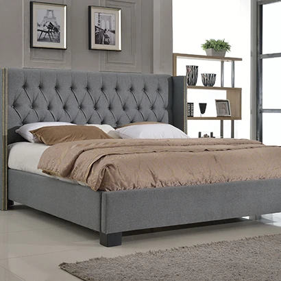 Queen Size Platform Bed with Button Tufted Footboard Gray |