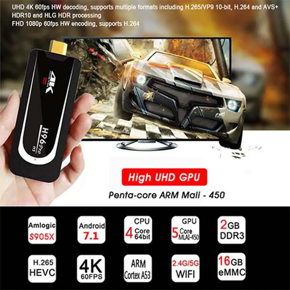  S905X H96PRO H3 Android 7.1 TV Stick Amlogic S905X 2GB RAM 16GB ROM Quad Core 2.4GHZ/5.0GHZ WIFI HD