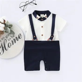 

Gentle Newborn Infant Baby Boy Romper Short Sleeve Turn Down Collar Button Strap Jumpsuit Formal Style Summer Boy Clothes