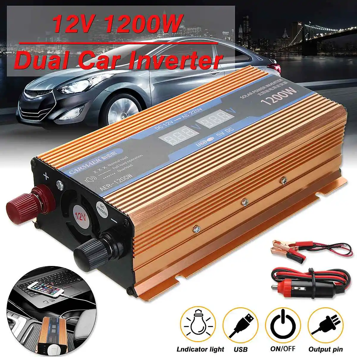 

KROak 1200W Car Power Inverter Converter Adapter DC 12V to AC 220V Modified Sine Wave for car power