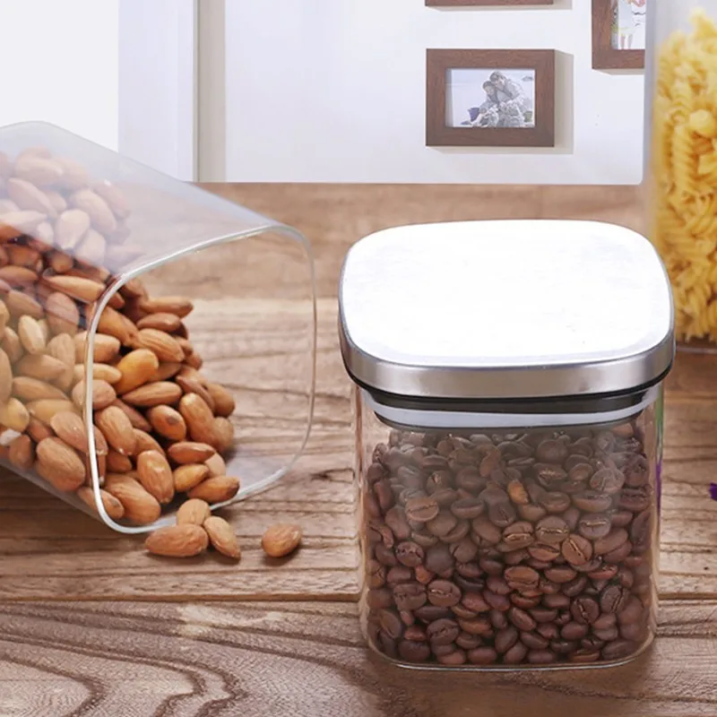 مربع زجاج الجرار مع غطاء من الفولاذ المقاوم للصدأ ل التوابل السائبة منتجات الشاي حاوية قهوة مجموعة علب مختومة صندوق تخزين علبة