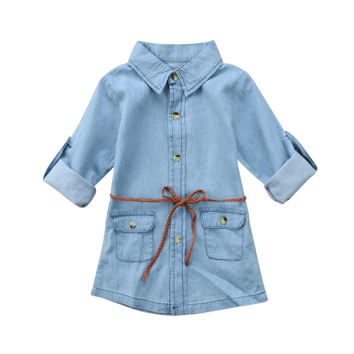 

Toddler Baby Girl Summer Long Sleeve Dress Kids Fashion Demin Sashes Jumpsuit Causal Children Clothes