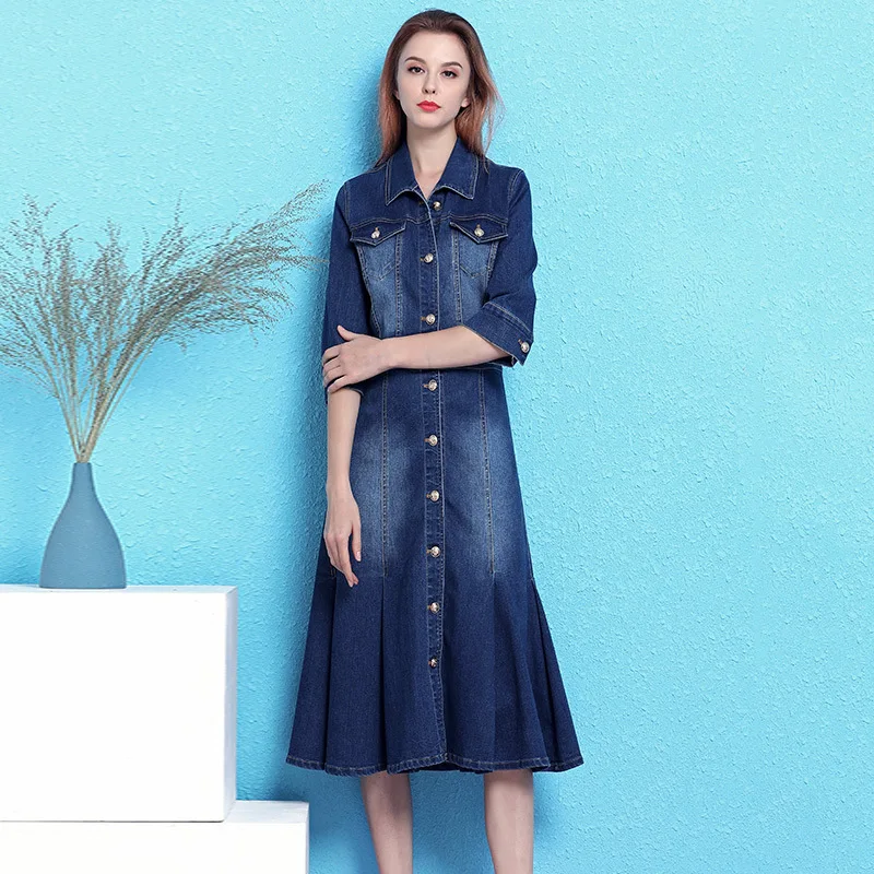 Denim dress female Spring and summer new lapel slim slimming elastic denim temperament ruffle fishtail dress women NW19B6073