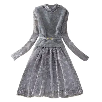 

Women Short Knit Vest Lace Mesh Fashion Dress Suit 2019 Spring Female Elegant Two Piece Dress Sets