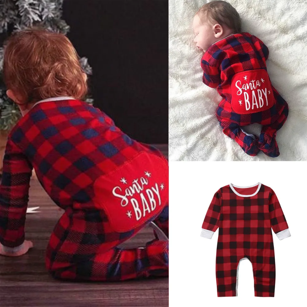 

Newborn Infant Baby Boy Girls Christmas Red Plaid Romper Jumpsuit Pajamas Clothes Outfit