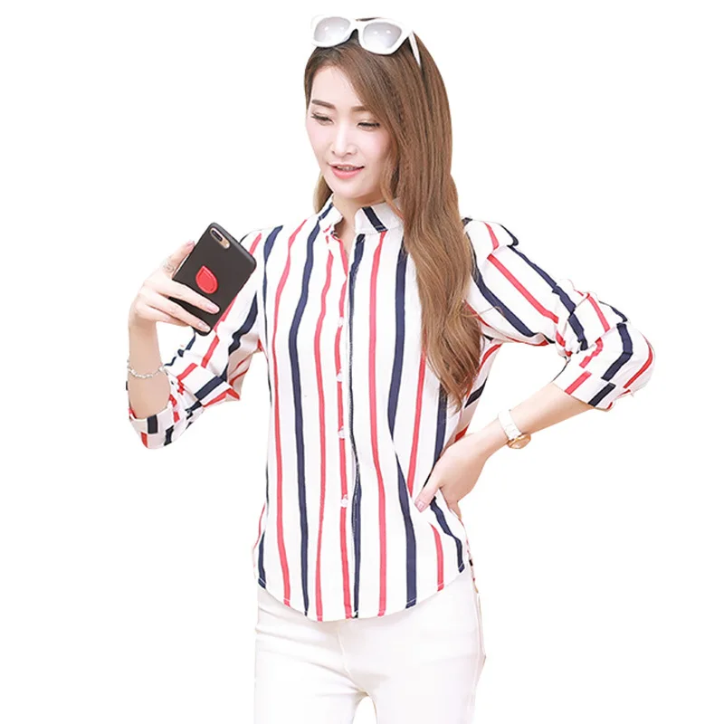 2019 Spring Autumn Women Colorful Stripe Shirt Korean Long Sleeve  Office Blouses Casual Female Slim Chiffon Print Shirts