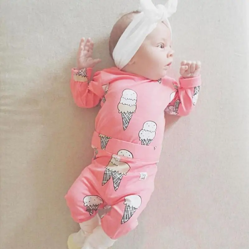 

2Pcs Ice Cream Tops Baby Boy Romper Cute Cartoon Newborn Baby Long Sleeve Cotton Clothing Set Pants Baby Girls Clothes Rompers