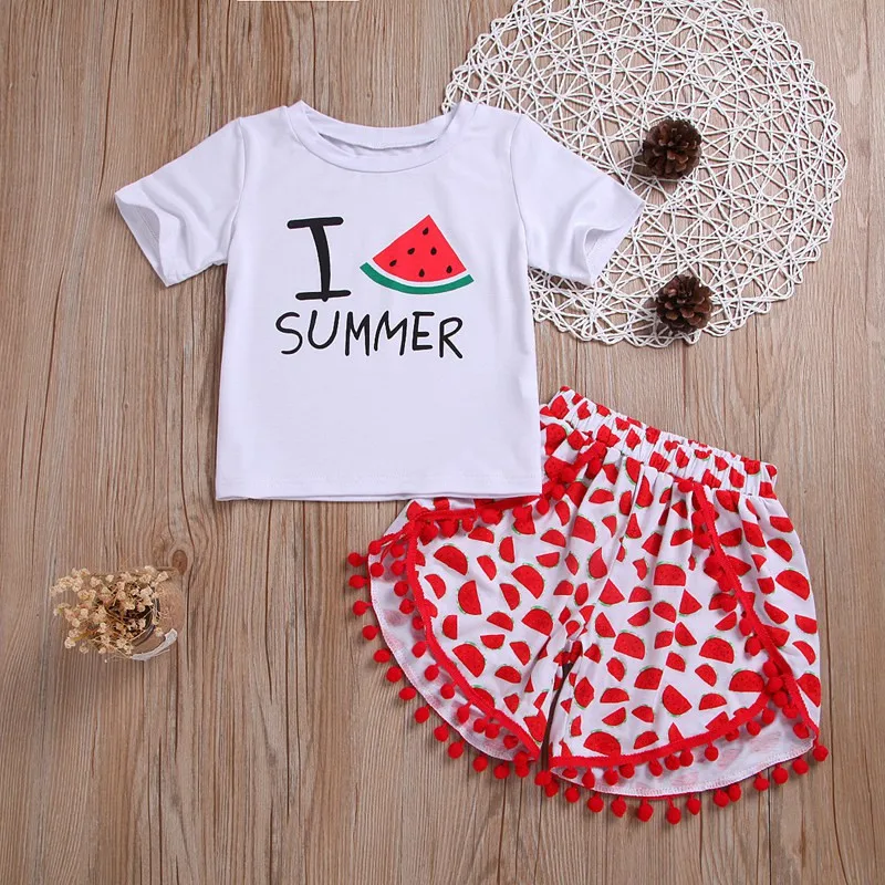 Kids Girls Summer Outfits Short-Sleeved I Love Summer Printed Tops T-Shirt+Watermelon Tassels Shorts 2Pcs Girl Sets Kids Girls Summer Outfits Short-Sleeved I Love Summer Printed Tops T-Shirt+Watermelon Tassels Shorts 2Pcs Girl Sets