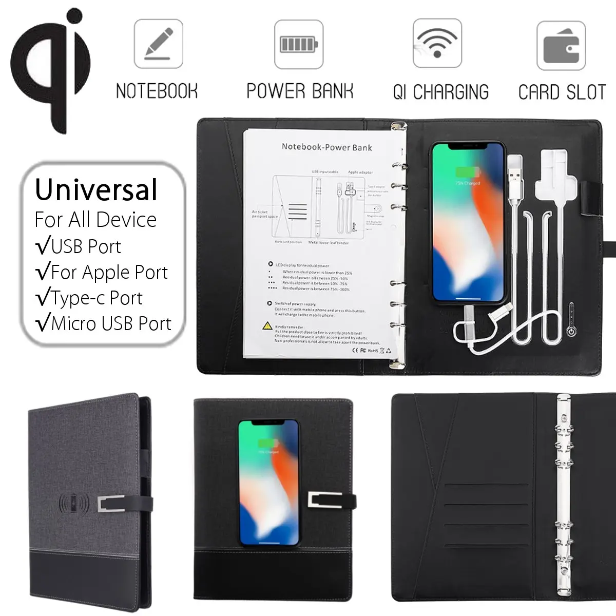 

Power Bank Notebook Multi Functional Notebook with 8000 mAh Power Bank Qi Wireless Charging Note Book Binder Spiral Diary Book