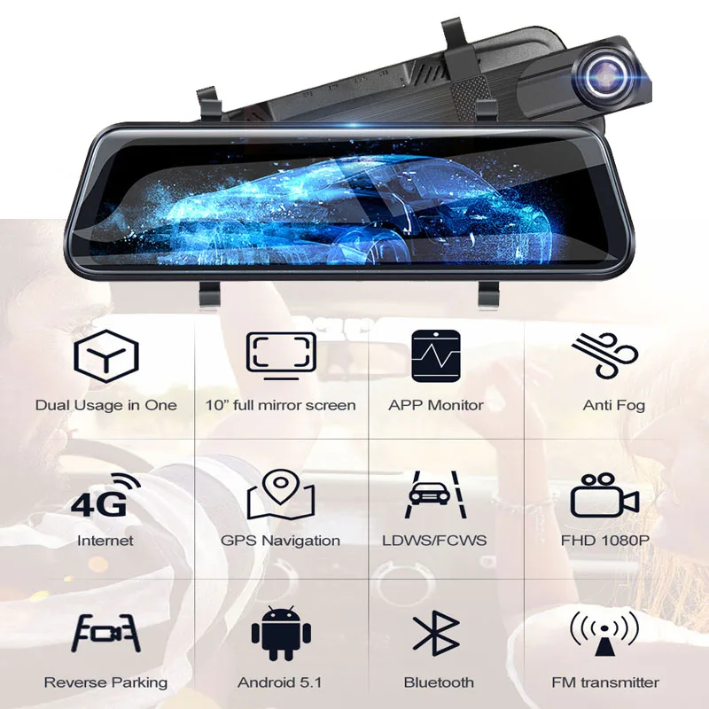 Anstar Android 4G 10'' Rearview Mirror Night Vision Car Mirror FHD 1080P Dash Cam ADAS GPS Rear View Car Video Recorder