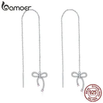 

BAMOER High Quality 925 Sterling Silver Bowknot Shape Luminous CZ Long Chain Dangle Earrings for Women Luxury Jewelry BSE047
