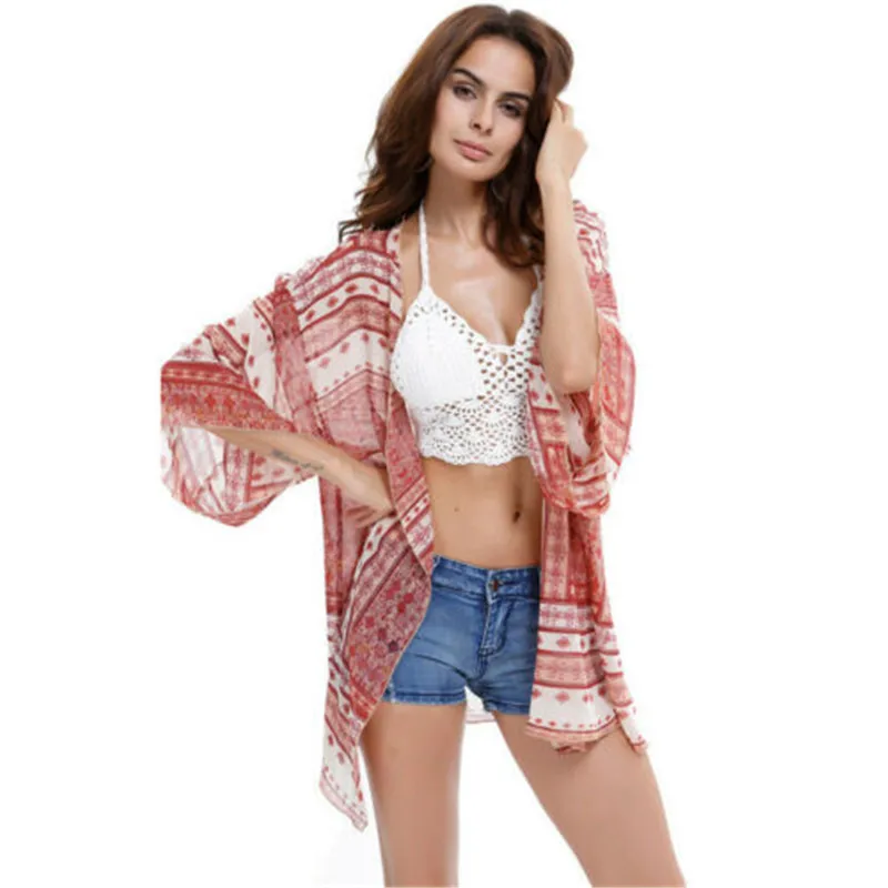 

Women Summer Chiffon Cardigans Cover Up Geometric Pattern Printed Jackets Coat Half Sleeve Kimono Beach Wear Top Boho Bohemian