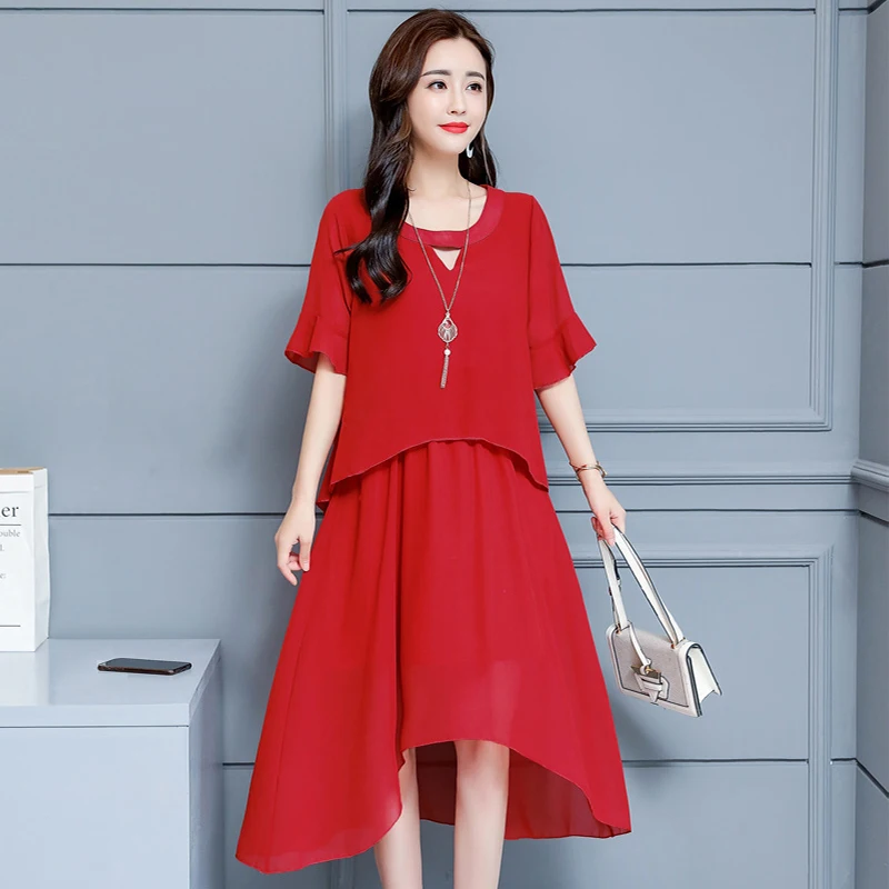 

Summer Chiffon Dress Women Elegant O-neck Short Sleeve A-Line Party Mid-Calf Dresses Sundress Vestidos Plus Size L-5XL
