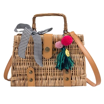 

Fashion Women'S Bag Bow Woven Tassel Handbag Bamboo Series Youth Shoulder Diagonal Cross Bag Temperament Handbag Box Shape