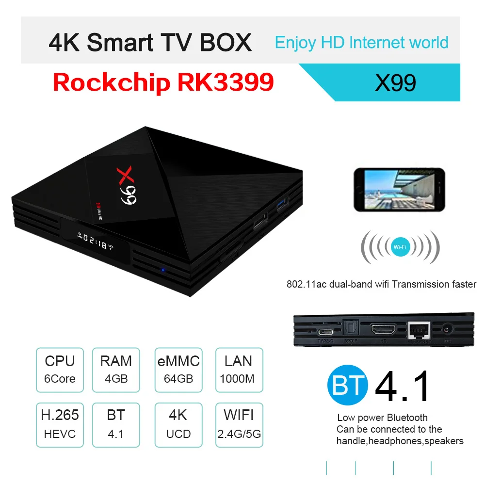 

X99 RK3399 4GB 64GB Android 7.1 1000M 2.4G 5G Dual WIFI BT4.1 4K Type-C USB3.0 Voice Control TV Box Mini PC with Time Display