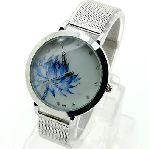 

montre femme Women's Fashion Blue Lotus Case Stainless Steel Band Mesh Quartz Wrist Watches zegarek damski