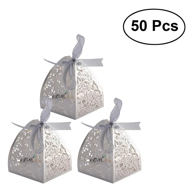 

50 Pcs Wedding Favor Boxes Hollow Out Craft Paper For Gifts Candy Sweets with Ribbons （Silver）