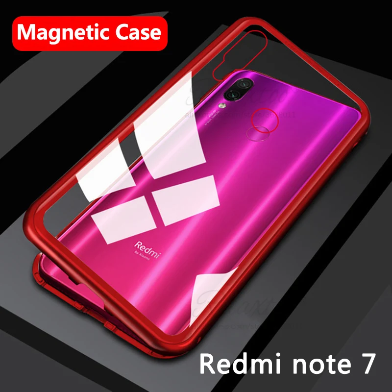 

magnetic flip case For Xiaomi Redmi Note 7 case Tempered glass back metal frame xiomi note7 Magnet Metal Bumper Cover couqe capa