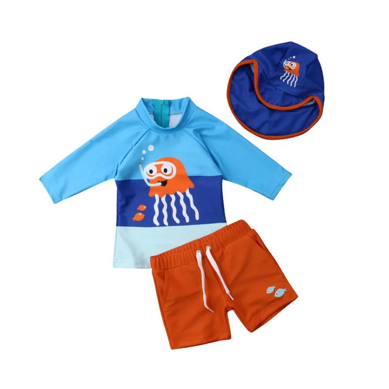 

2019 Summer Toddler Boy Swimsuit Cartoon Long Sleeve Tops Children Swimwear Girls Three Pieces Rash Guard Kids Bathing Suits
