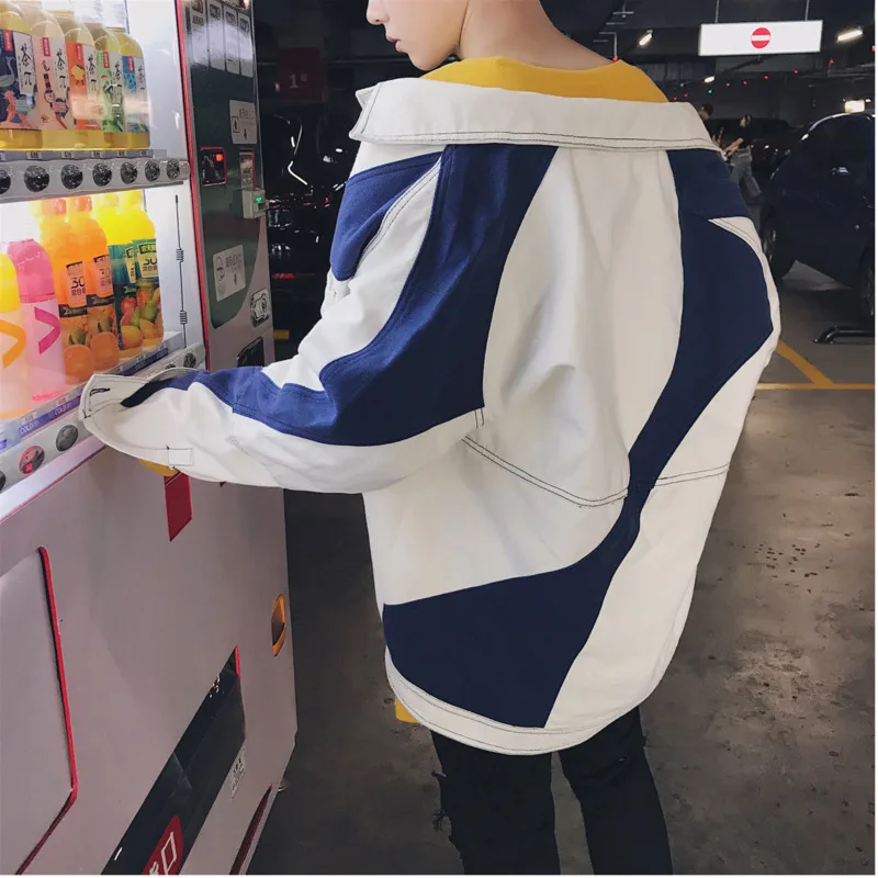 Autumn new denim jacket men fashion contrast color stitching bomber jacket Man streetwear hip hop loose tooling wind jacket Autumn new denim jacket men fashion contrast color stitching bomber jacket Man streetwear hip hop loose tooling wind jacket