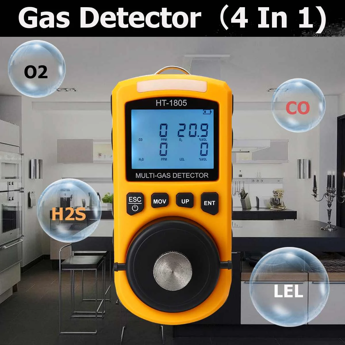 

HT-1805 O2 CO H2S LEL Light Alarm Function Four-in-one Gas Detector Liquid Crystal Display Screen TWA STEL Vibration Buzzing