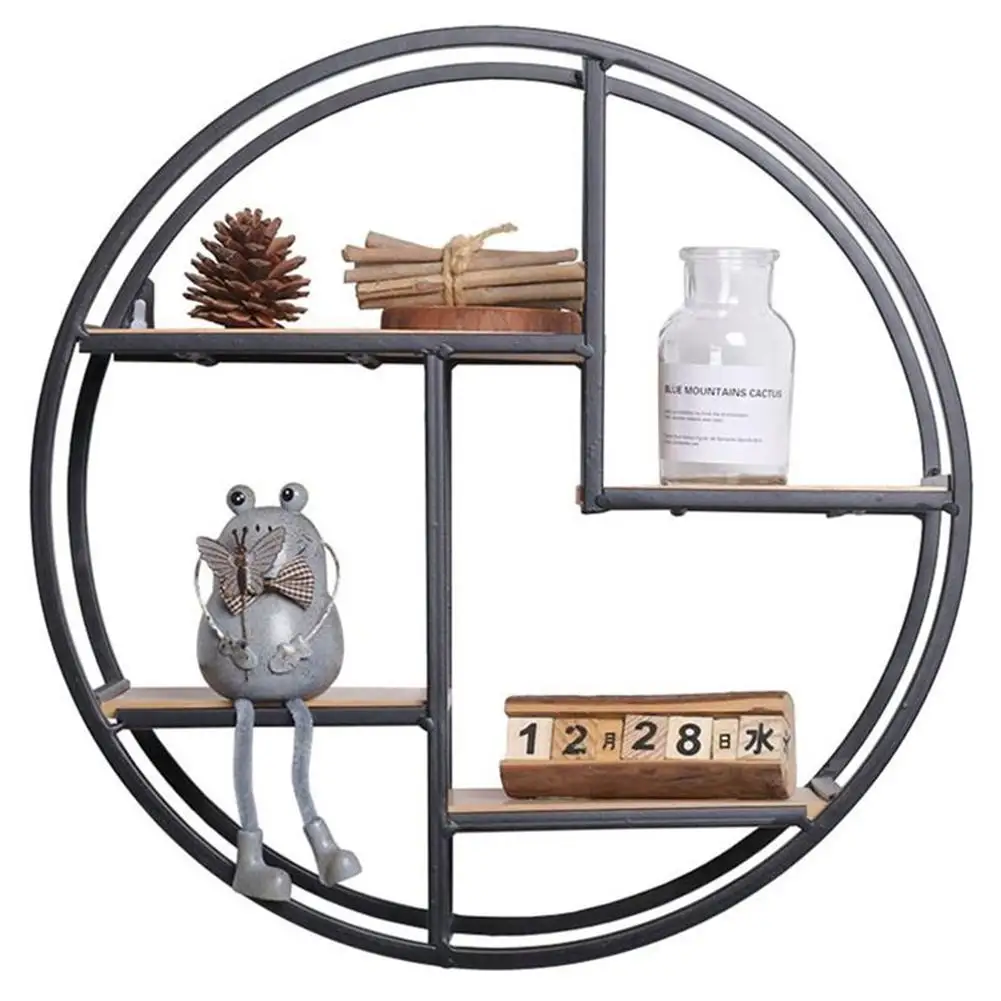 

Creative Home Solid Wood Wall Hanging Wrought Iron Wall Rack Round Wall Flower Stand Background Wall Decoration Organizer