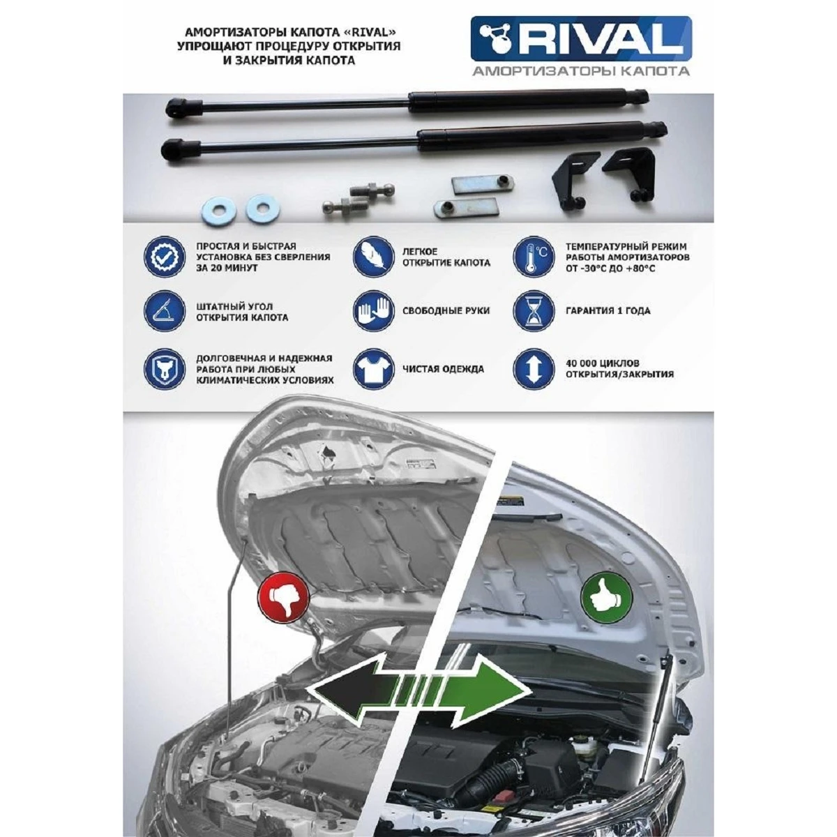 Упоры капота Rival A.ST.1803.1 (для Ford Kuga способствуют плавному открытию/закрытию