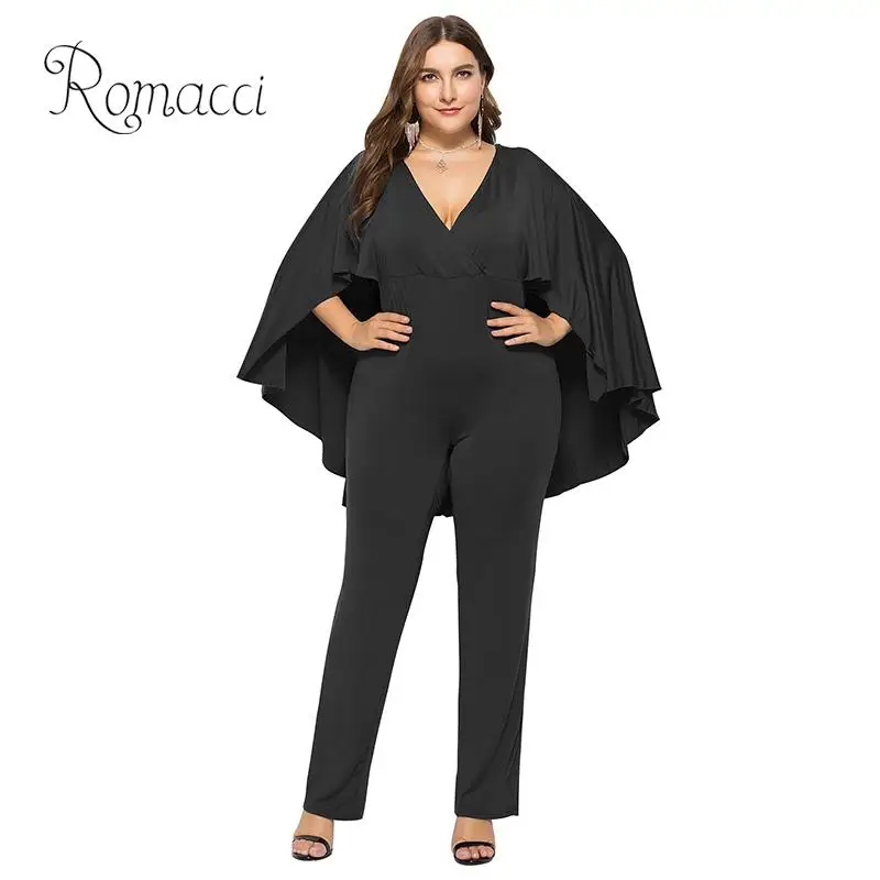 

Fashion Women Plus Size Jumpsuit Plunge V Neck Batwing Sleeve Cape Back Long Pants Playsuit Rompers Black Office Ladies Outfits