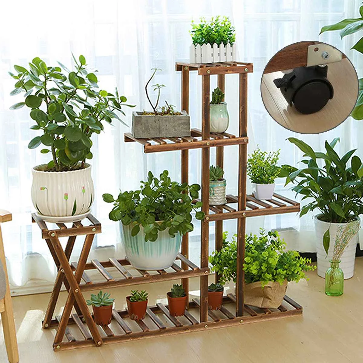 

Wooden Garden Planter Nursery Pot Stand Shelf Plant Flower Pot Stand Indoor Outdoor Garden Decoration Gifts Tools With Wheels