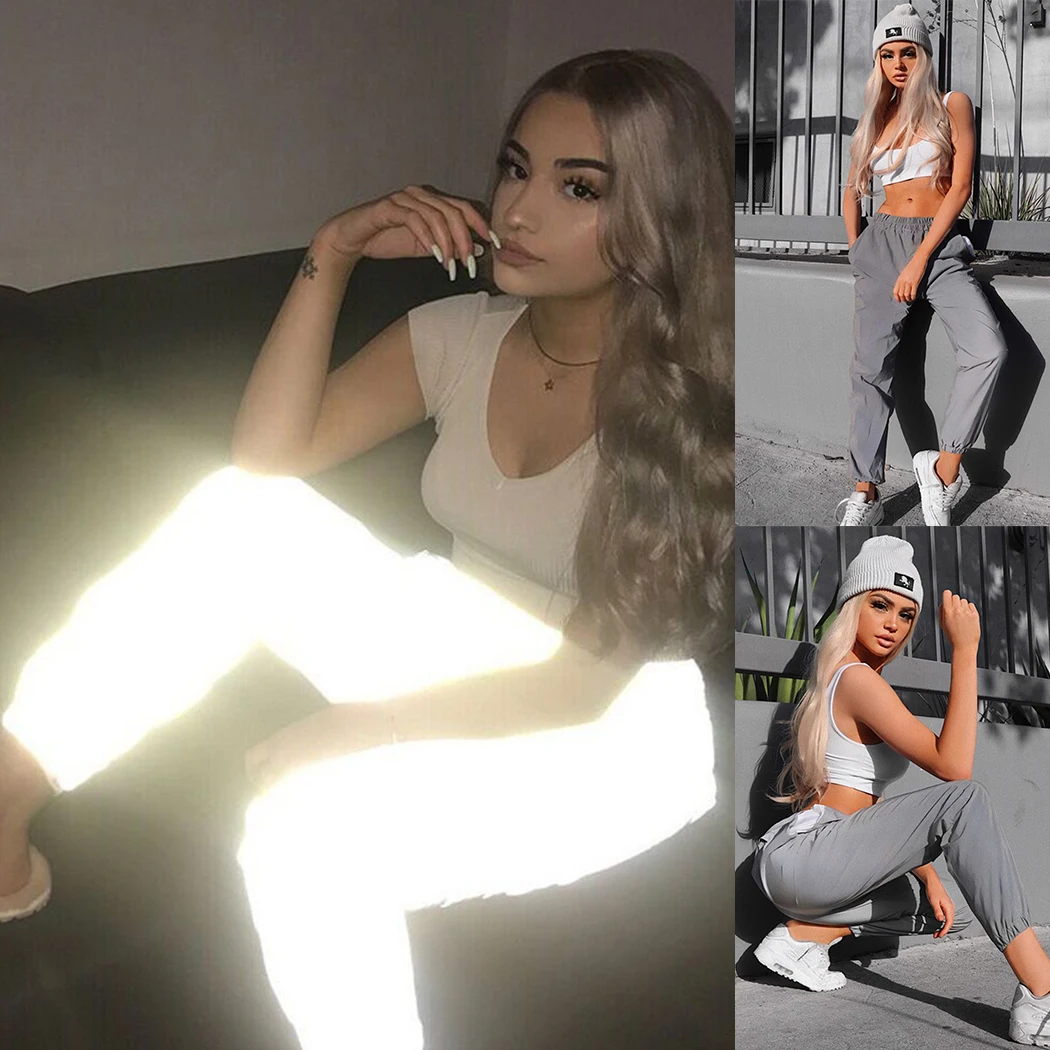 Модные Светоотражающие Jogger Брюки женские хип хоп свободные брюки карго Уличная