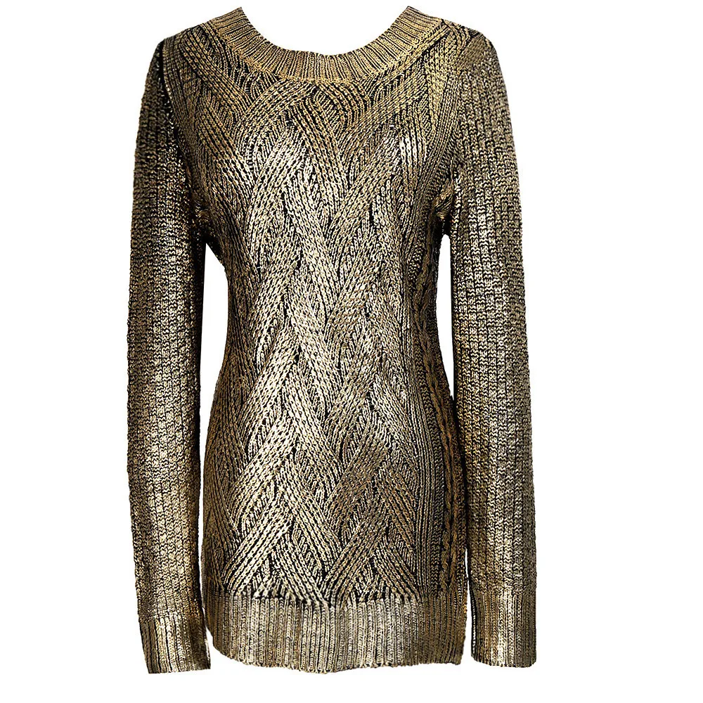 

European Women's Metallic Long Knit Sweater O Neck Twist Knitted High Low Side Split Casual Loose Pullover Long Knitwear