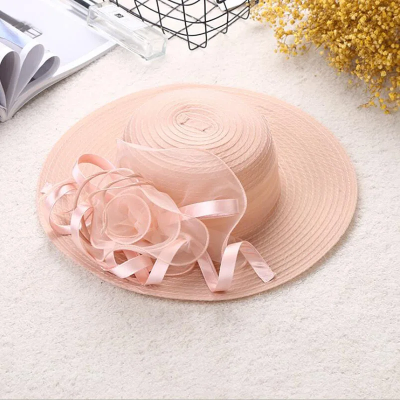 النساء قبعة الشمس الحرير ريشة قبعة صيفية النساء الصلبة واسعة حافة الأشعة فوق البنفسجية حماية الشمس شاطئ كاب حزب الزفاف كنتاكي ديربي الكنيسة ...