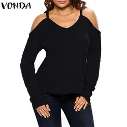 VONDA осенний свитер трикотаж для женщин 2019 сексуальная с открытыми плечами трикотаж V образным вырезом пуловер длинными рукавами повседнев
