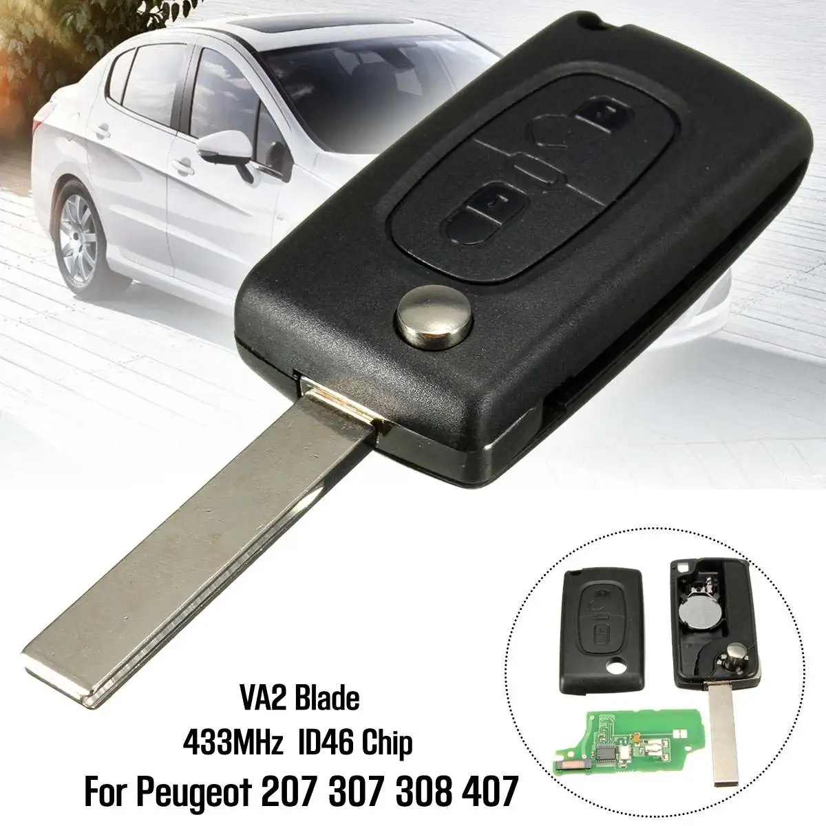

2 Buttons 433MHz Remote Key Transponder Chip ID46 For PEUGEOT 207 307 308 407 0536 models 2005-2011