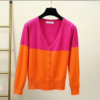 

2018 Autumn Cardigans Sweaters Women V-neck Patchwork Short Sweaters Tops Lasdies Sweet Casual Knitted Sweaters Coats FP1227