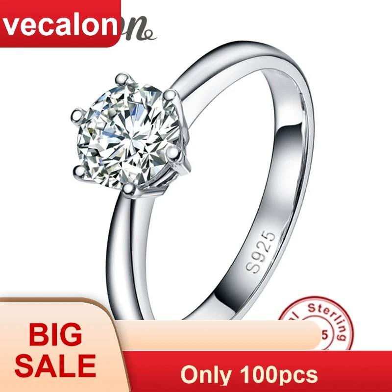 

Vecalon Wholesale Fine Jewelry Brand 925 Sterling Silver Ring 1 Carat 5A Zircon cz Engagement Wedding Rings For Women