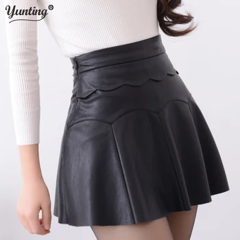 

New 2019 Russia Fashion Black Red high quality leather Skirt Women Vintage High Waist Pleated Skirt Female Short Skirts