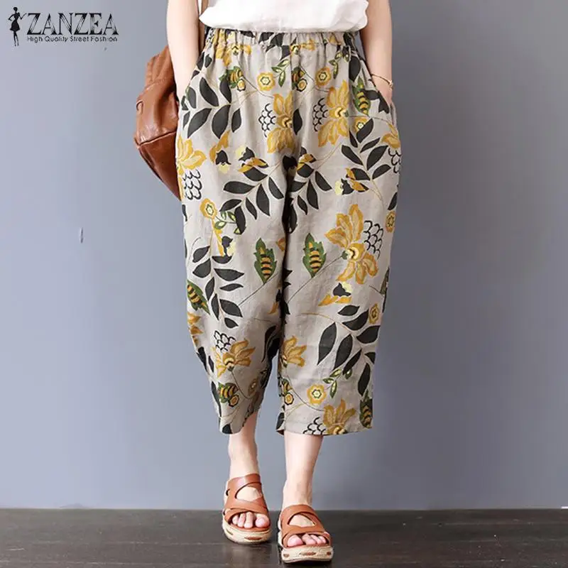 ZANZEA женские шаровары летние винтажные брюки с принтом осенние льняные Панталоны женские брюки в горошек уличная одежда размера плюс